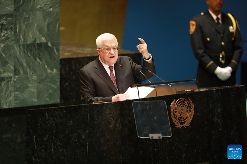 Rais wa Palestina Mahmoud Abbas akitoa hotuba katika Mjadala Mkuu wa mkutano wa 79 wa Baraza Kuu la Umoja wa Mataifa (UNGA) kwenye makao makuu ya Umoja wa Mataifa mjini New York, Septemba 26, 2024. (Xinhua/Xie E)